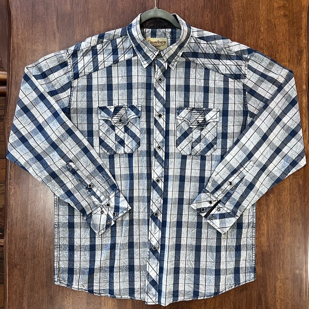 Cowboy Legend Shirt Blue Plaid Western Black Snaps slanted pockets Size XXL NWOT